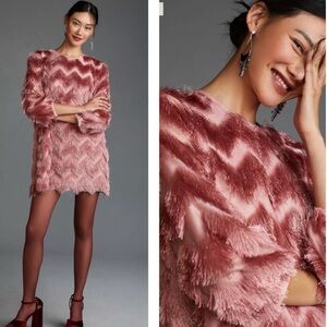 NWOT Anthropologie Hutch Fringed Chevron Mini Shift Dress Pink Small Holiday